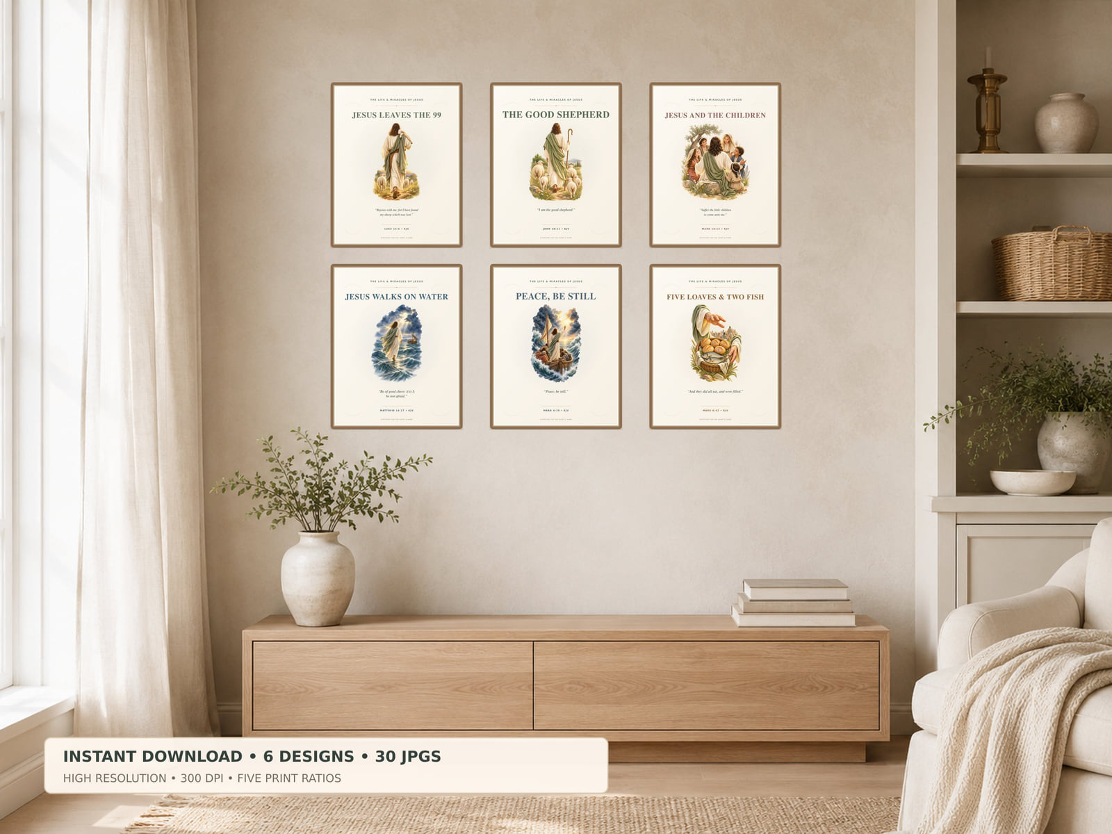 Six Jesus and His Miracles Scripture prints displayed in a warm Christian home