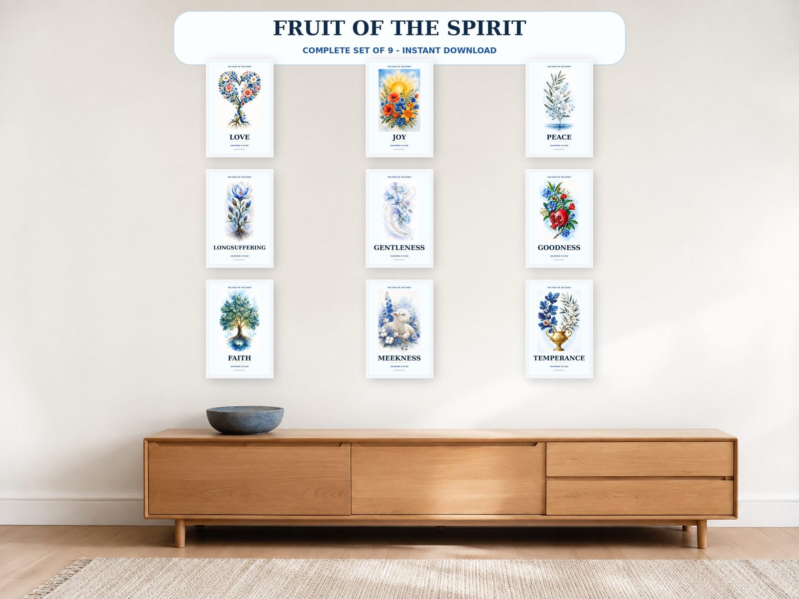 Fruit of the Spirit complete printable wall art set displayed in a bright room