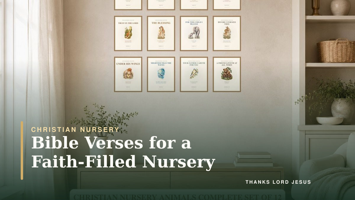 Christian nursery animal Bible verse wall art displayed in a gentle nursery