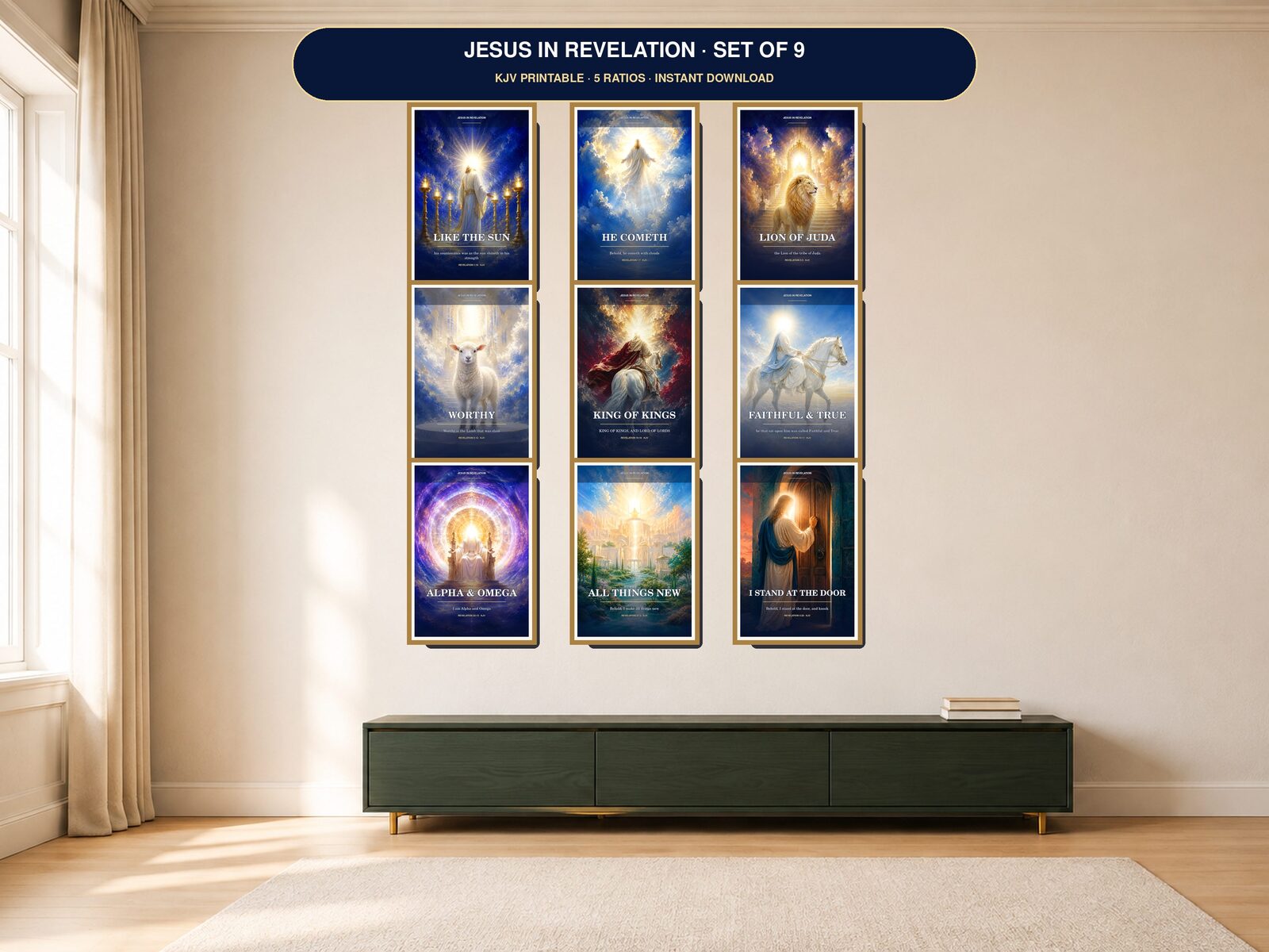 Nine blue and gold Jesus in Revelation Scripture art designs shown as a coordinated printable set