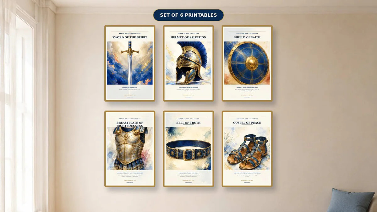 Armor of God wall art displayed as a coordinated Ephesians 6 set for a prayer room or Christian office