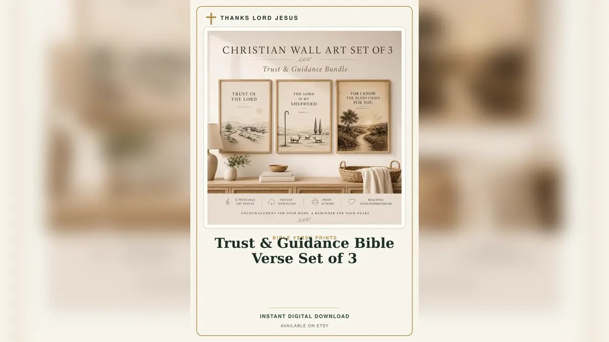 Three coordinated Bible verse wall art prints displayed as Christian home decor
