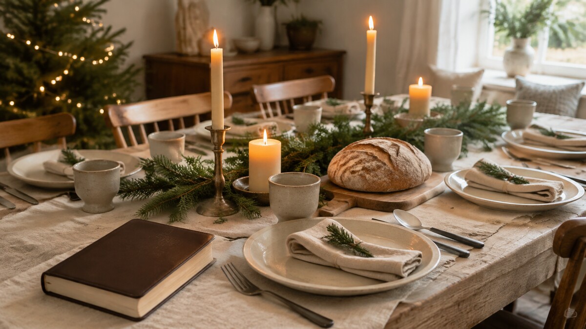Calm Christmas table prepared with candles, greenery, bread, and a closed Bible