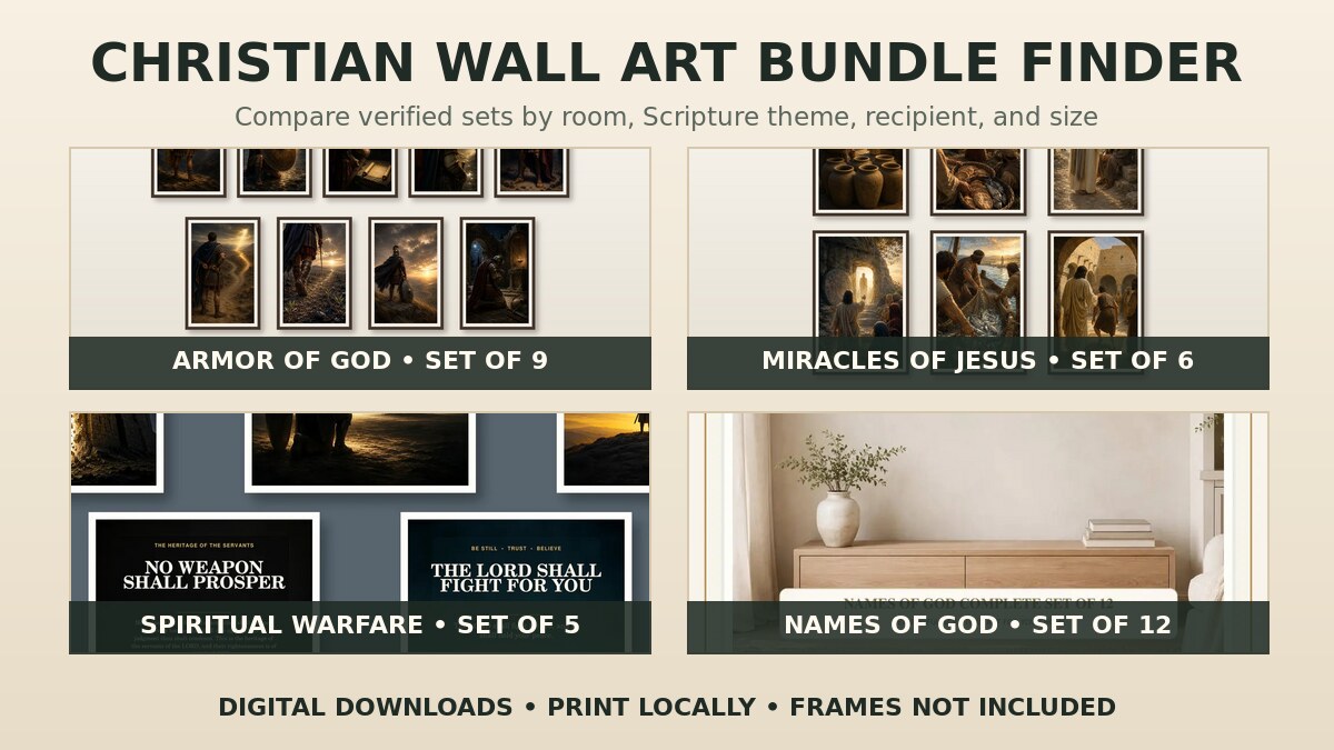 Christian wall art bundle finder comparing Armor of God, Miracles of Jesus, Spiritual Warfare, and Names of God printable sets