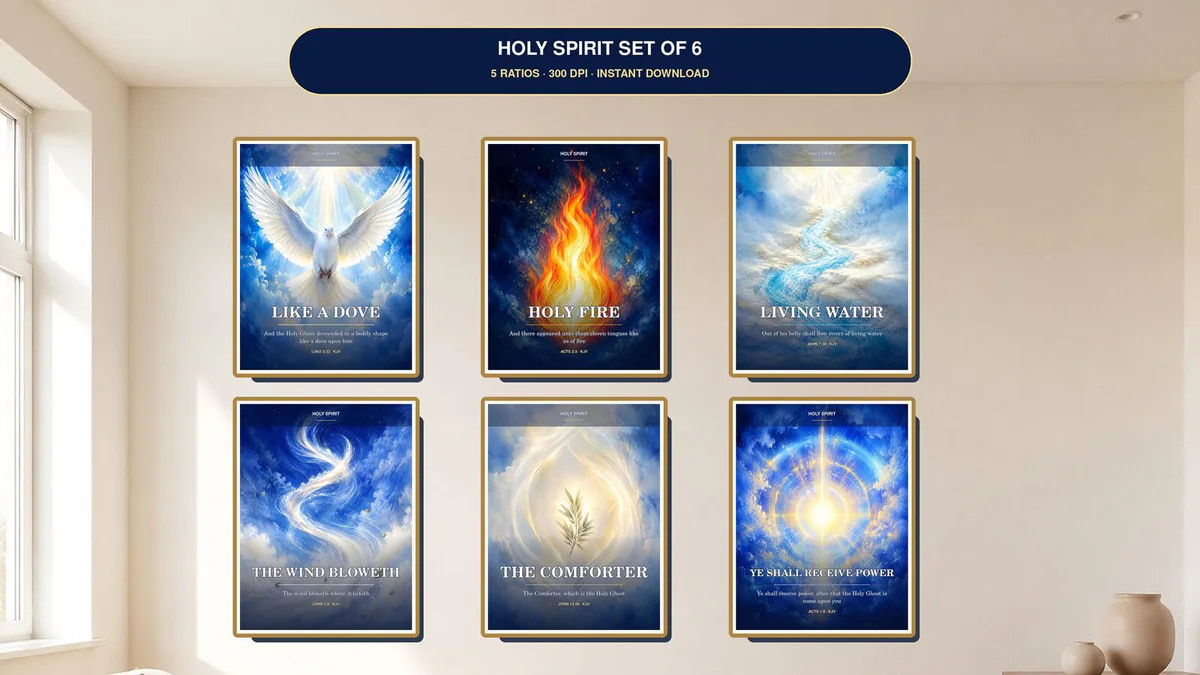 Holy Spirit wall art set with dove fire wind living water and Comforter Scripture themes