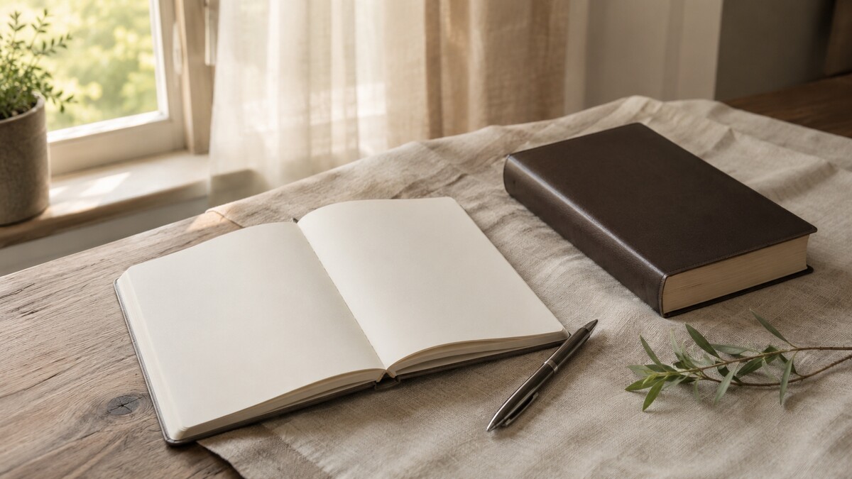 Open blank prayer journal beside a closed Bible, pen, and olive branch in warm natural light