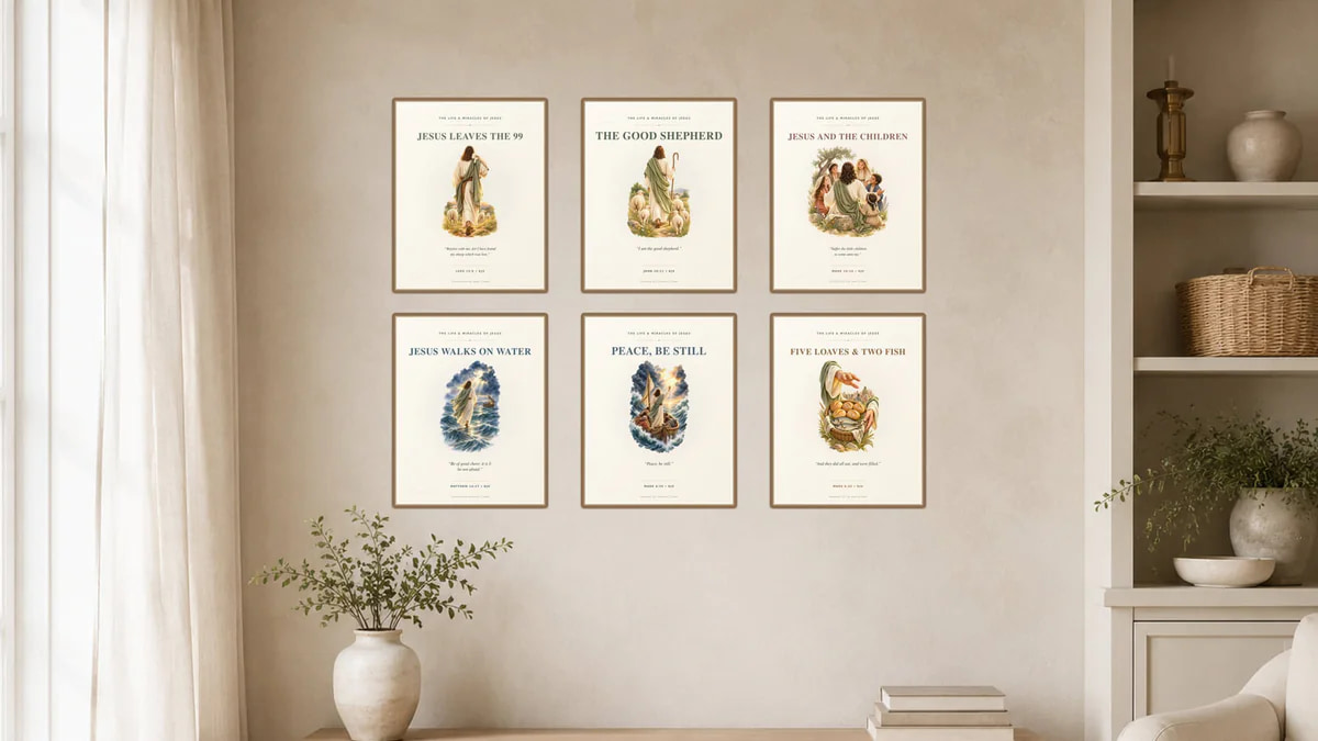 Jesus Christ wall art collection with distinct Gospel scenes and Scripture-centered printable designs