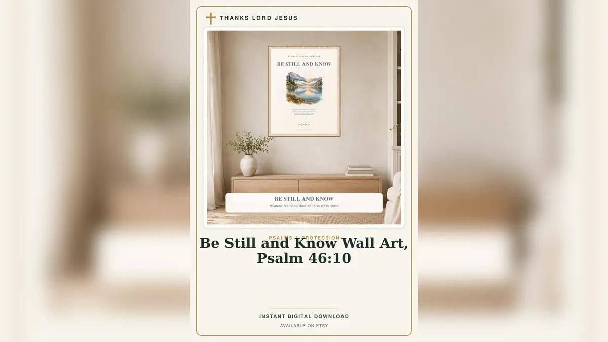 Peaceful prayer room decor with a framed Psalm 46 Bible verse print in a calm blue setting