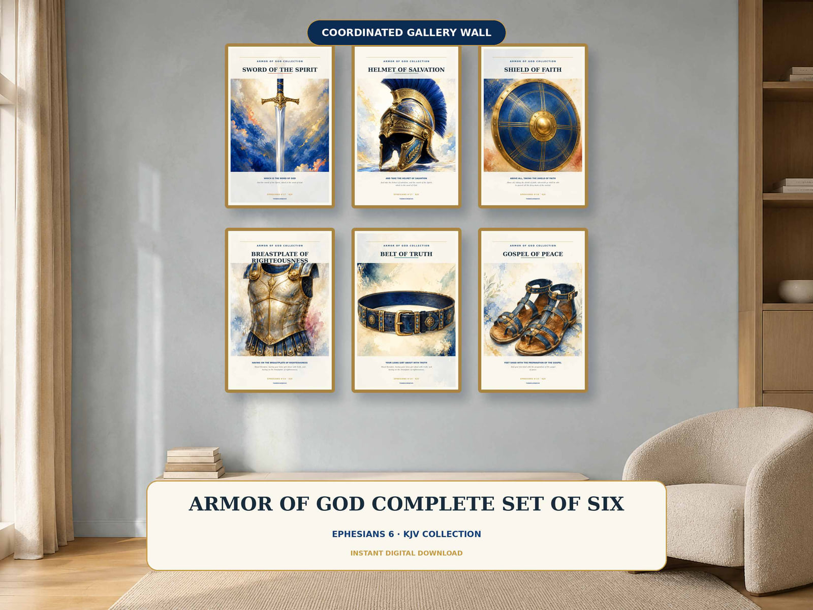 Six Armor of God Scripture prints displayed together in a bright Christian home