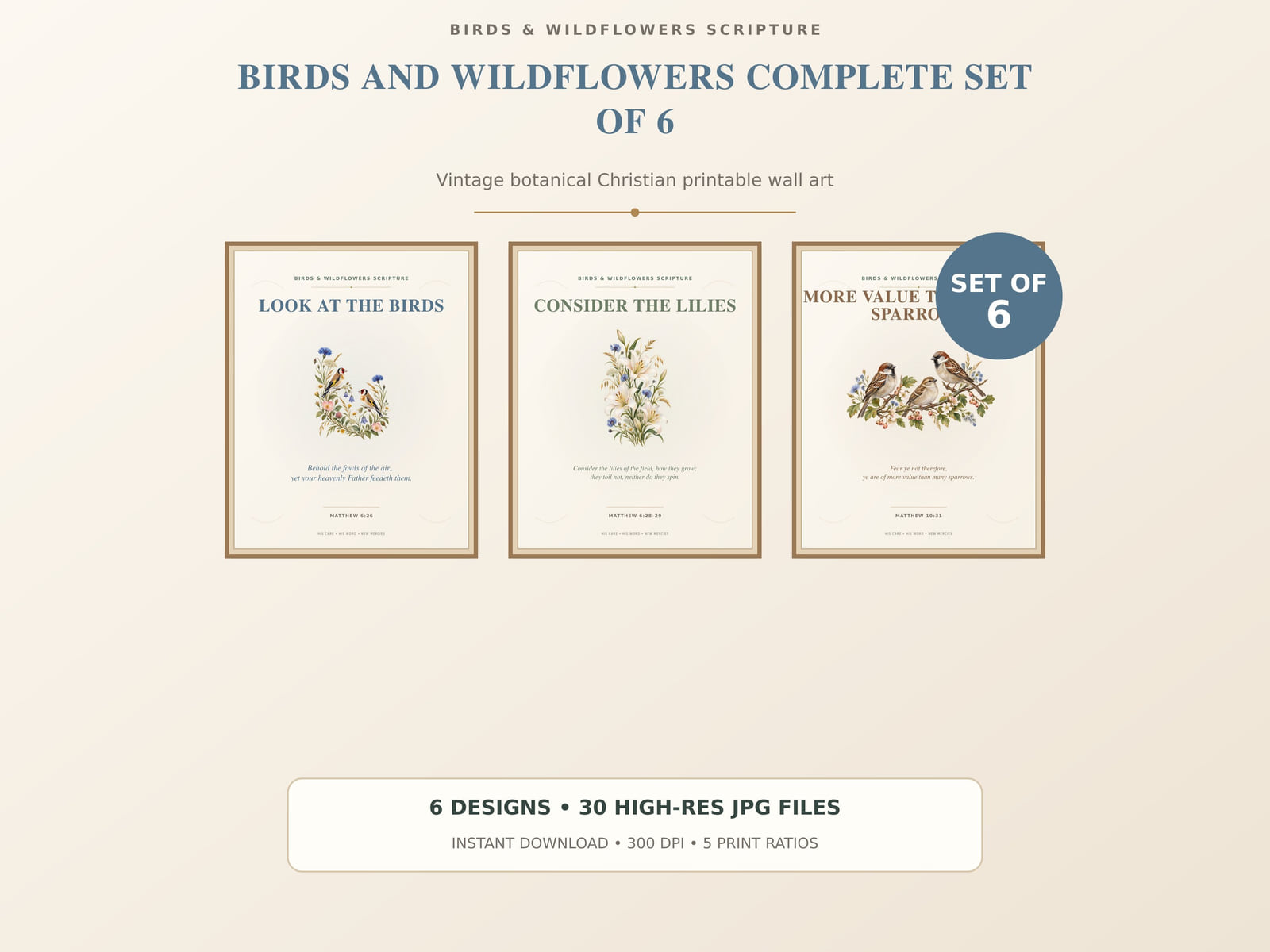 Birds and Wildflowers complete six-print vintage botanical Scripture art set