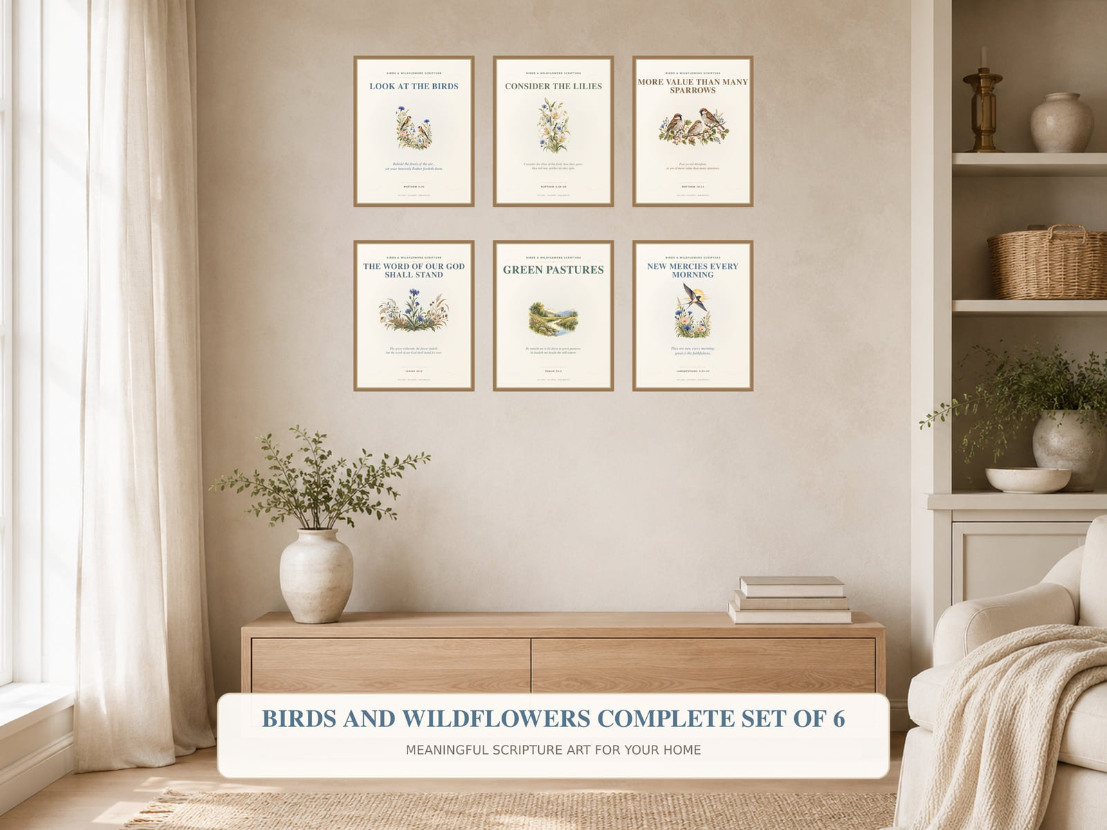 Six Birds and Wildflowers Scripture prints displayed in a neutral living room