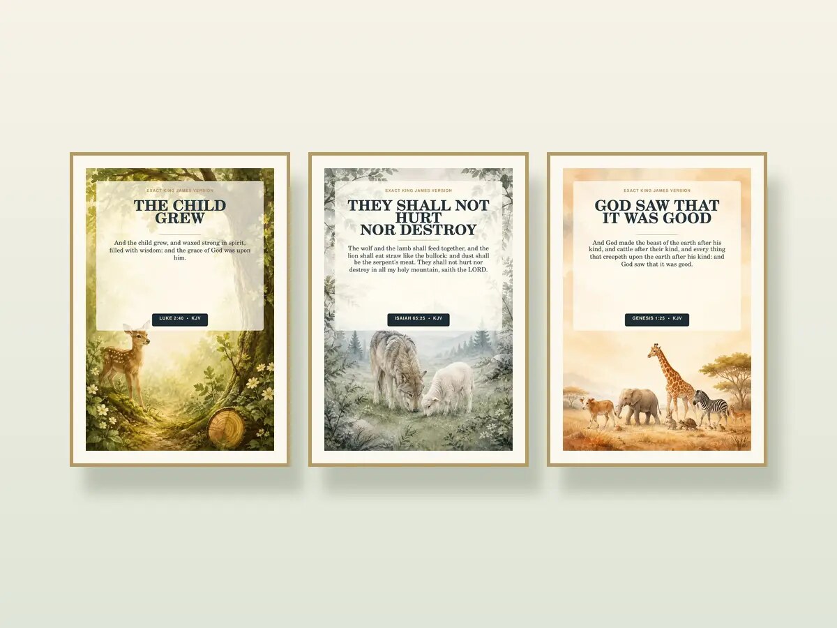 Three framed Christian nursery Bible verse prints with woodland animals in cream and sage