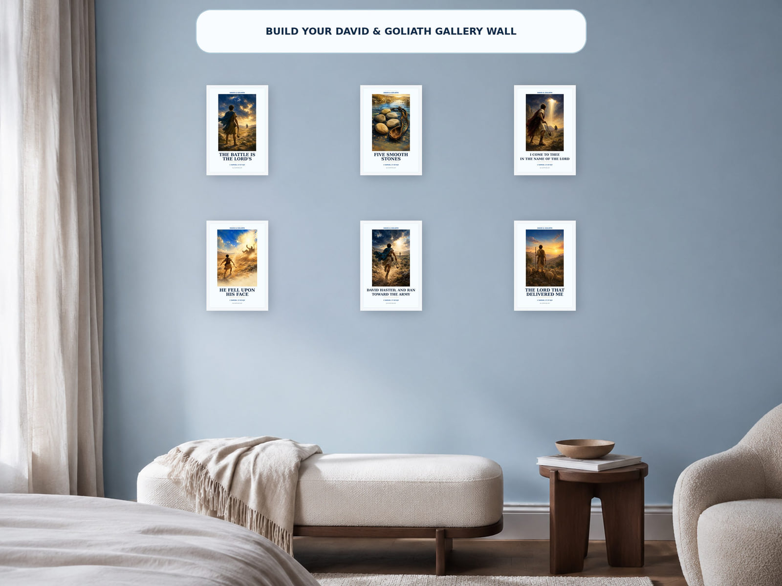 Six David and Goliath Scripture art prints displayed as a gallery wall