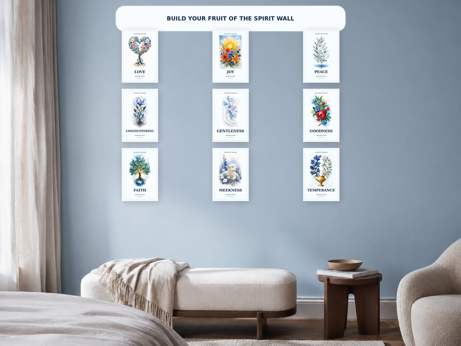 Nine Fruit of the Spirit printable Bible art designs displayed as a gallery wall