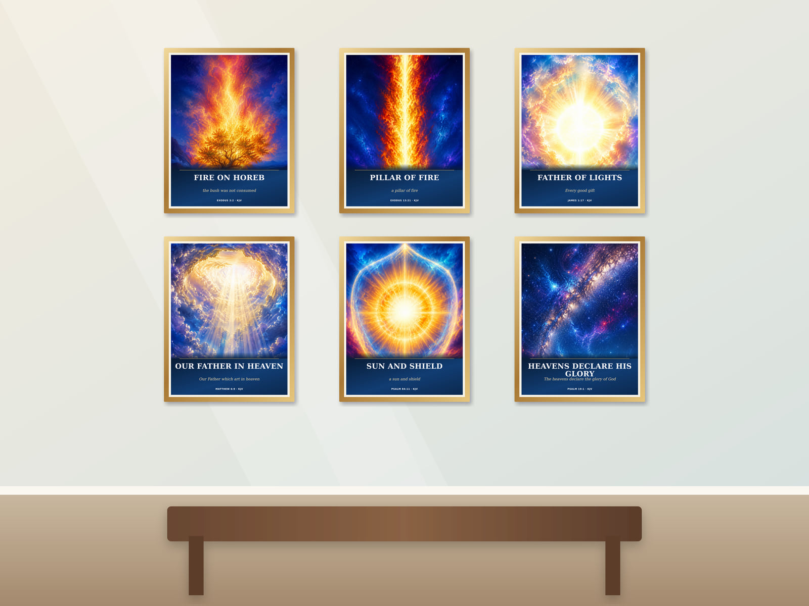 Six symbolic God the Father Scripture prints with fire light heaven sun and stars