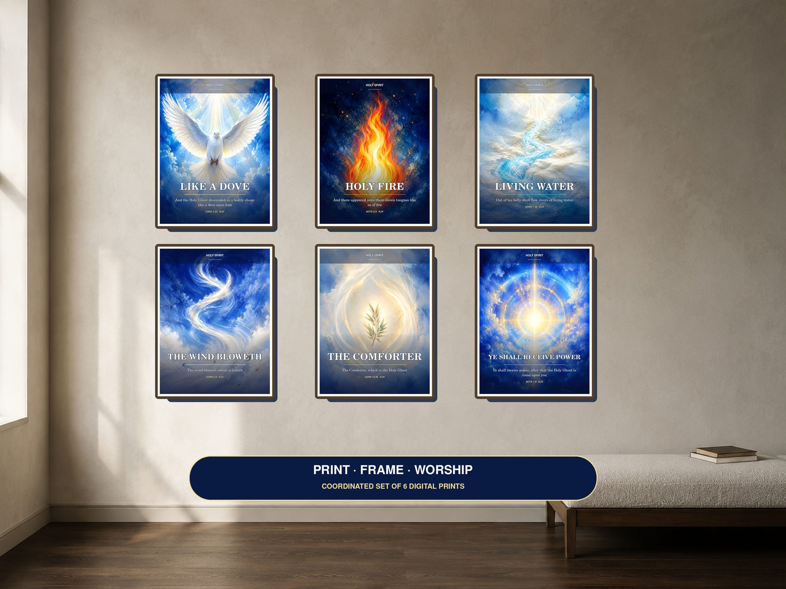 Six Holy Spirit Scripture art prints in blue white and gold displayed together