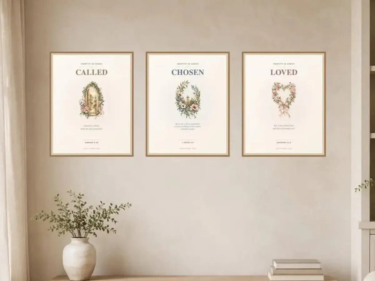 Three framed Identity in Christ prints reading Called, Chosen, and Loved
