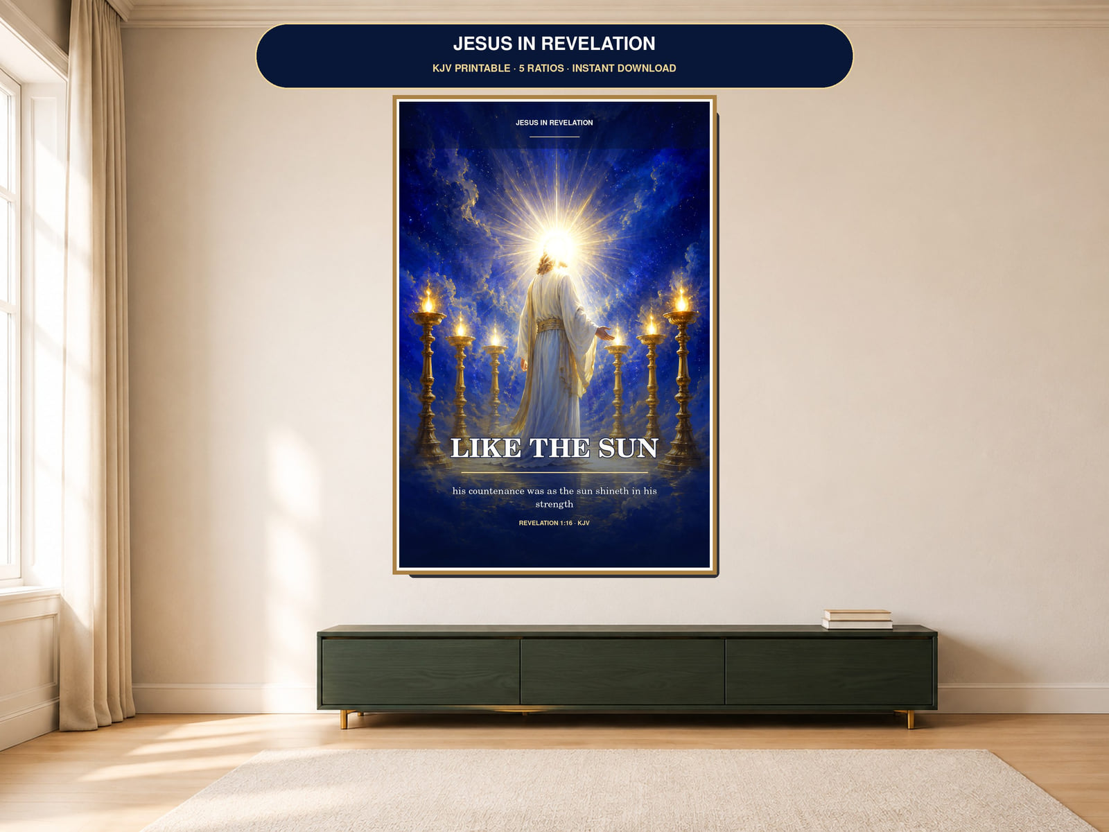 Jesus countenance like the sun Revelation 1:16 printable wall art with radiant light