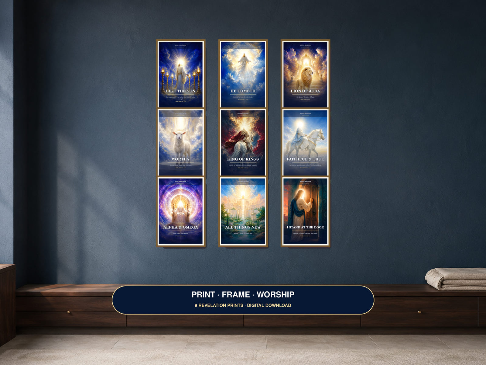 Nine Jesus in Revelation blue and gold Scripture prints displayed as a gallery
