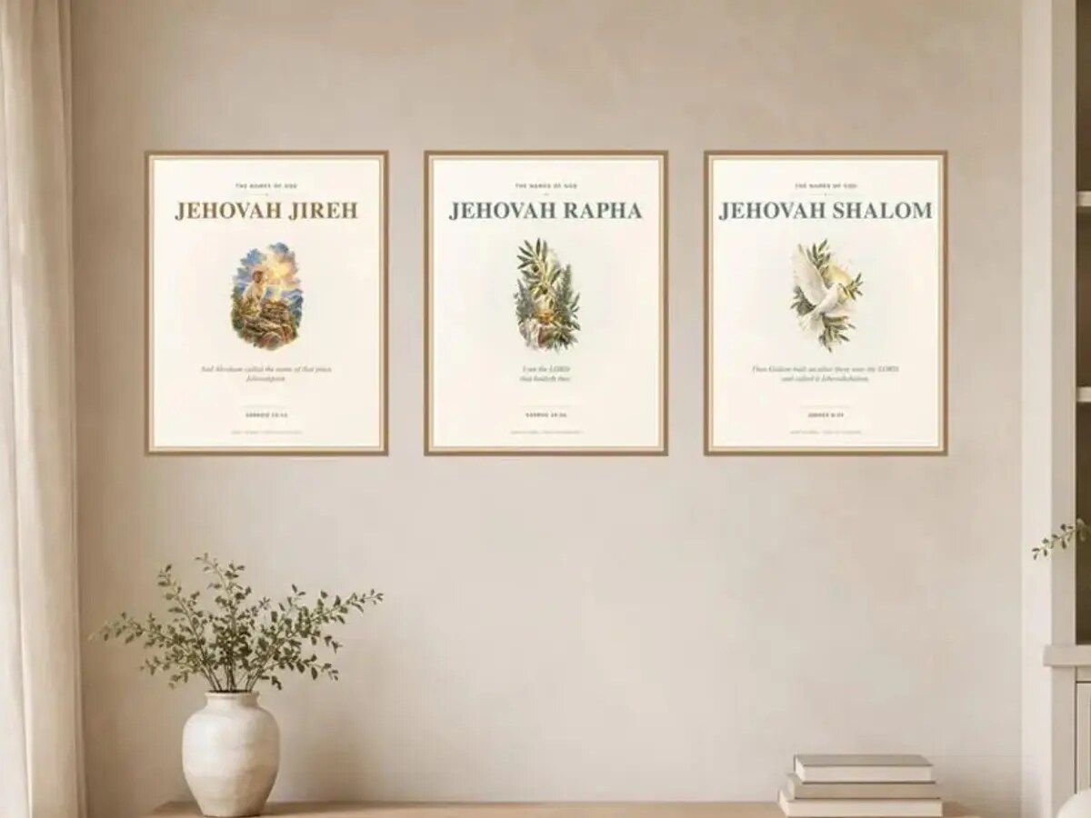 Three framed Names of God prints for Jehovah Jireh, Jehovah Rapha, and Jehovah Shalom