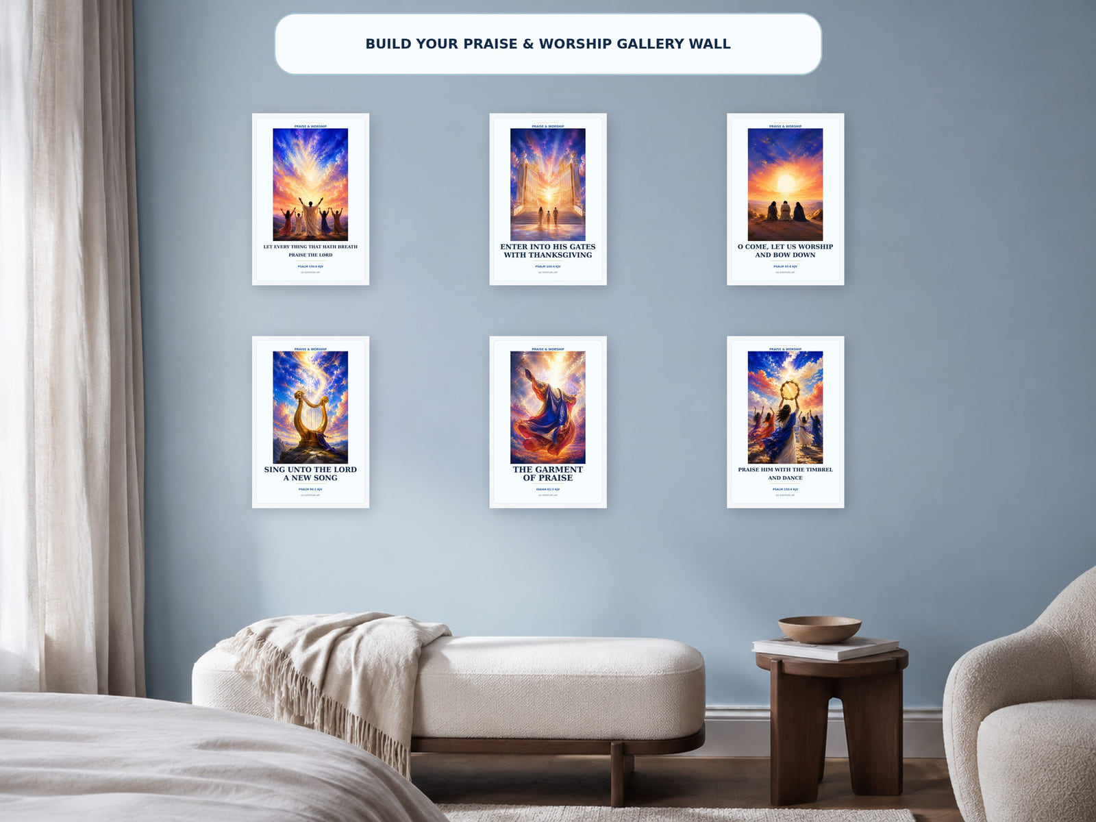 Six vibrant Praise and Worship Scripture art prints displayed together