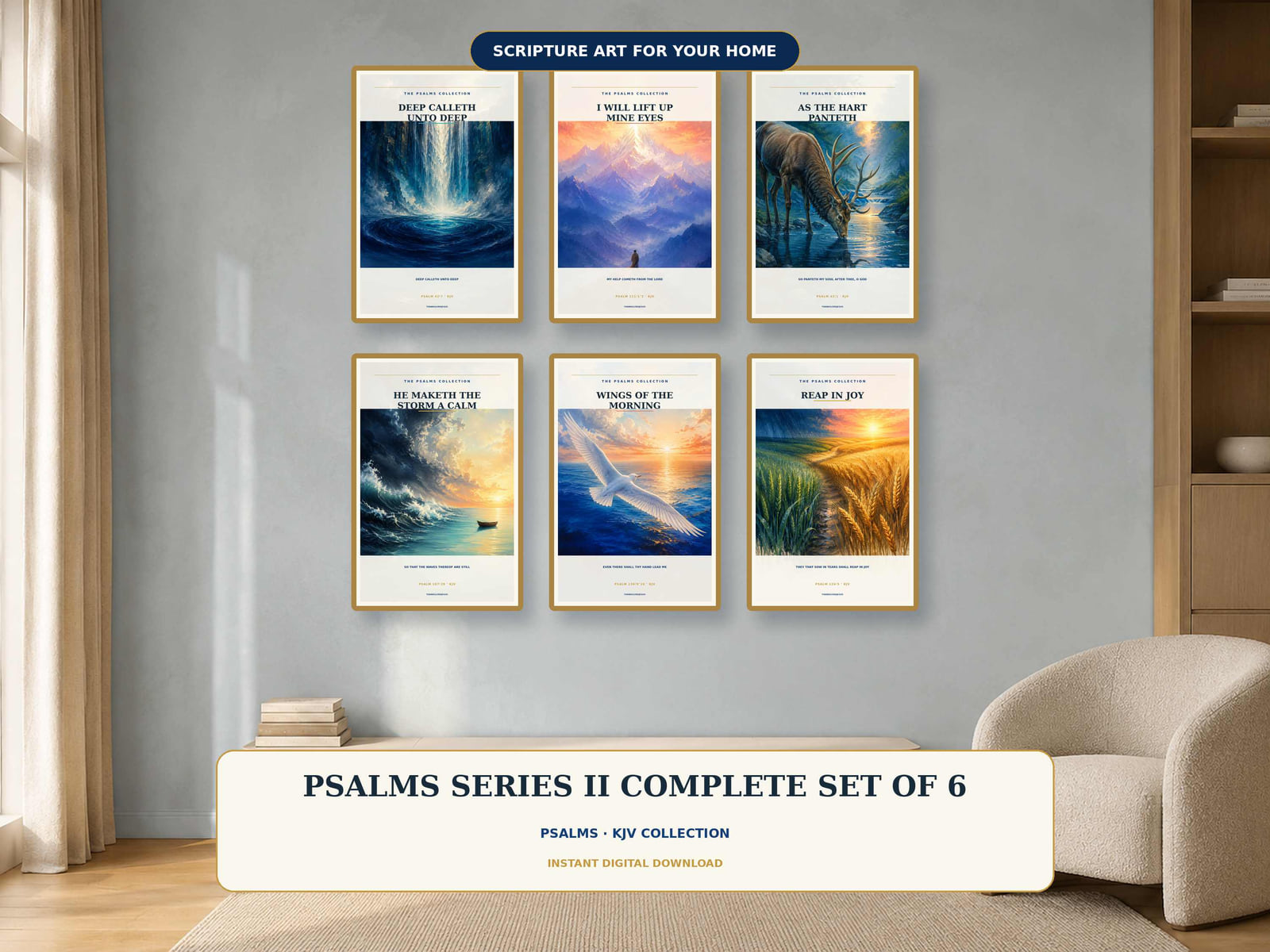 Six Psalms of peace and protection printable Scripture prints in a gallery wall
