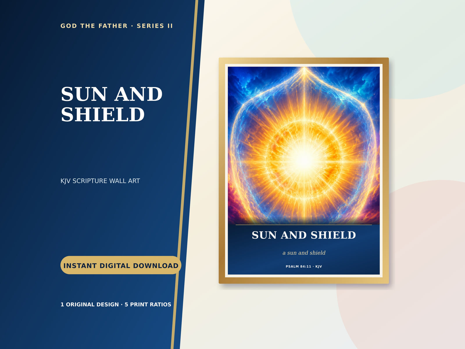 Sun and Shield Psalm 84:11 blue and gold printable Scripture art