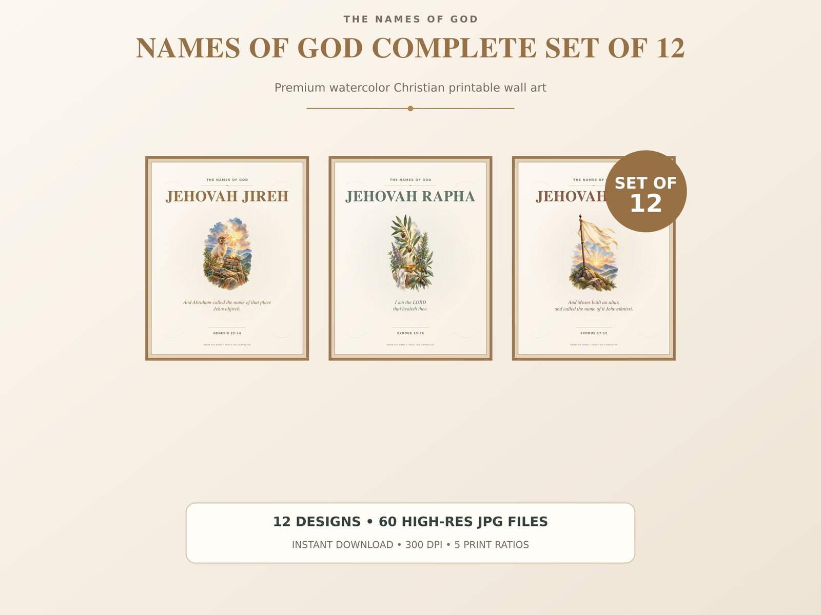 Names of God Christian printable wall art collection in warm botanical watercolor
