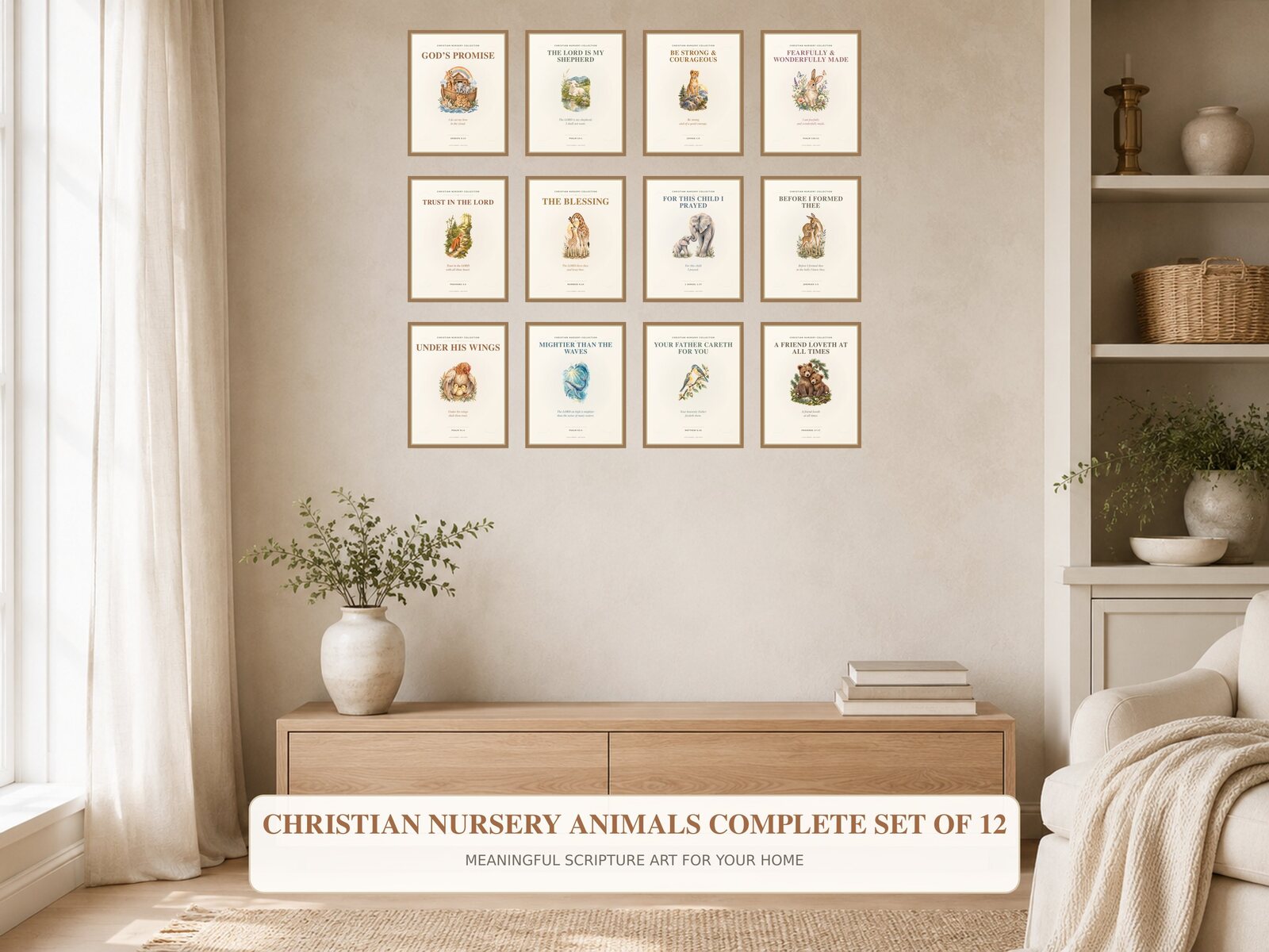 Christian nursery animal Bible verse print collection in soft neutral watercolor