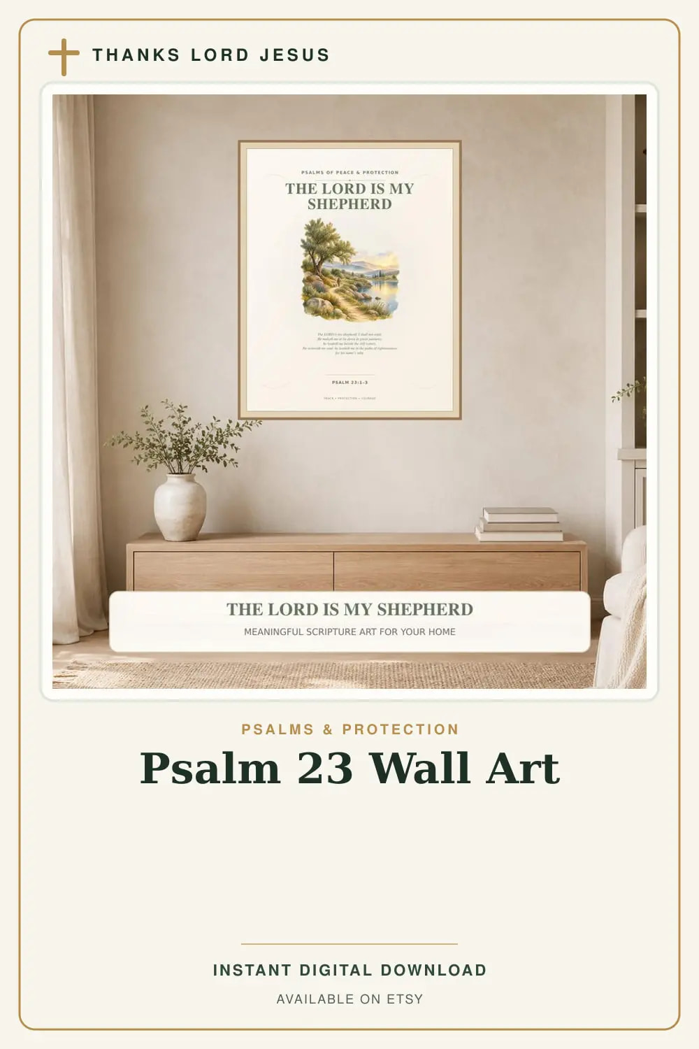The Lord Is My Shepherd Psalm 23:1–3 printable wall art with an olive-tree landscape and still waters