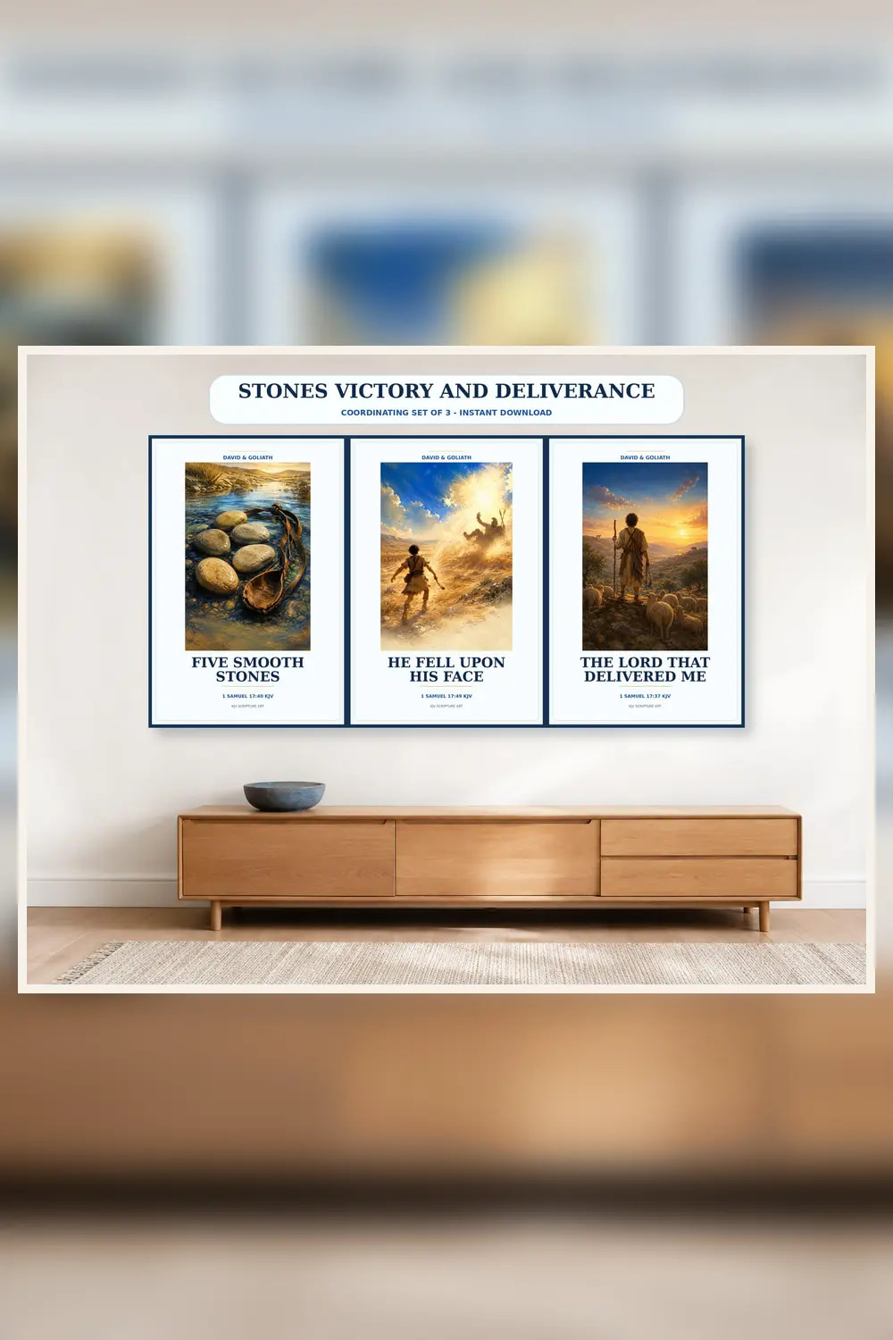 Stones Victory and Deliverance Set of 3 Christian printable wall art Stones Victory and Deliverance Set of 3, a Christian digital printable from the David & Goliath collection by Thanks Lord Jesus