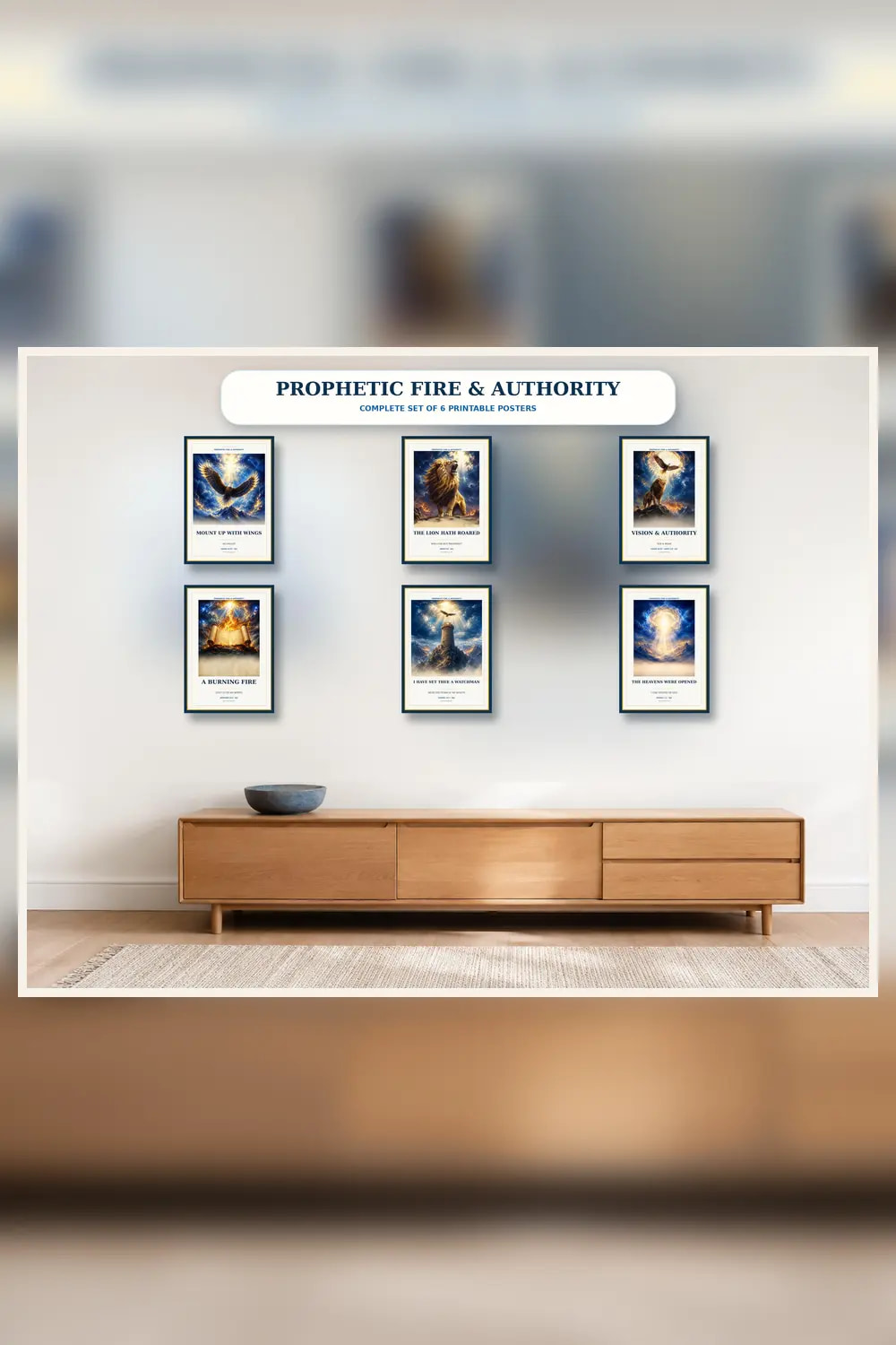 Prophetic Scripture wall art collection with lion eagle fire watchman and open heavens designs