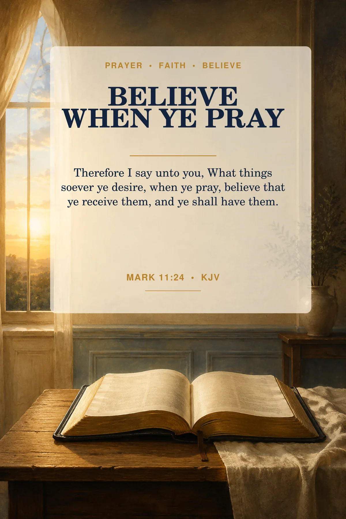 Printable Mark 11:24 prayer wall art featuring exact Mark 11:24 KJV text in warm amber, ivory, deep navy.