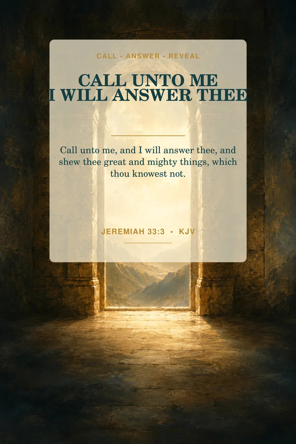 Printable Jeremiah 33:3 wall art featuring exact Jeremiah 33:3 KJV text in deep teal, antique gold, warm ivory.