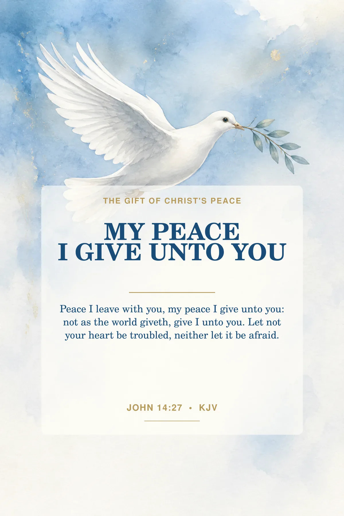 Printable John 14:27 wall art featuring exact John 14:27 KJV text in porcelain white, sky blue, soft gold.