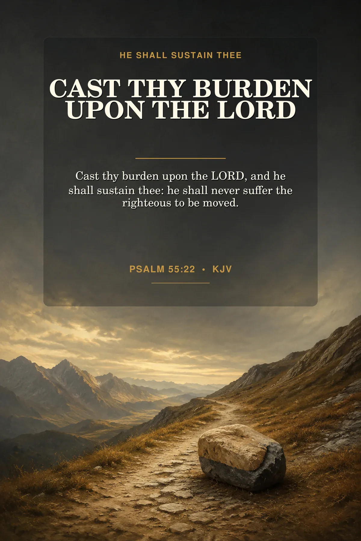 Printable cast thy burden wall art featuring exact Psalm 55:22 KJV text in charcoal, sandstone, bronze gold.