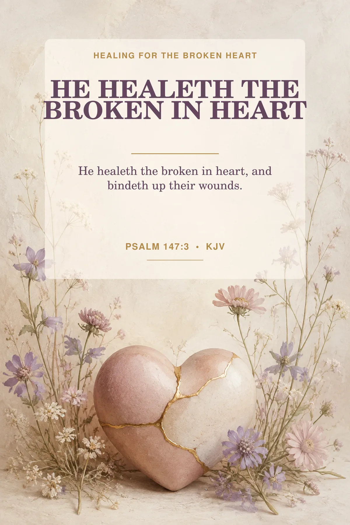 Printable healing heart scripture art featuring exact Psalm 147:3 KJV text in dusty rose, lavender, cream, gold.