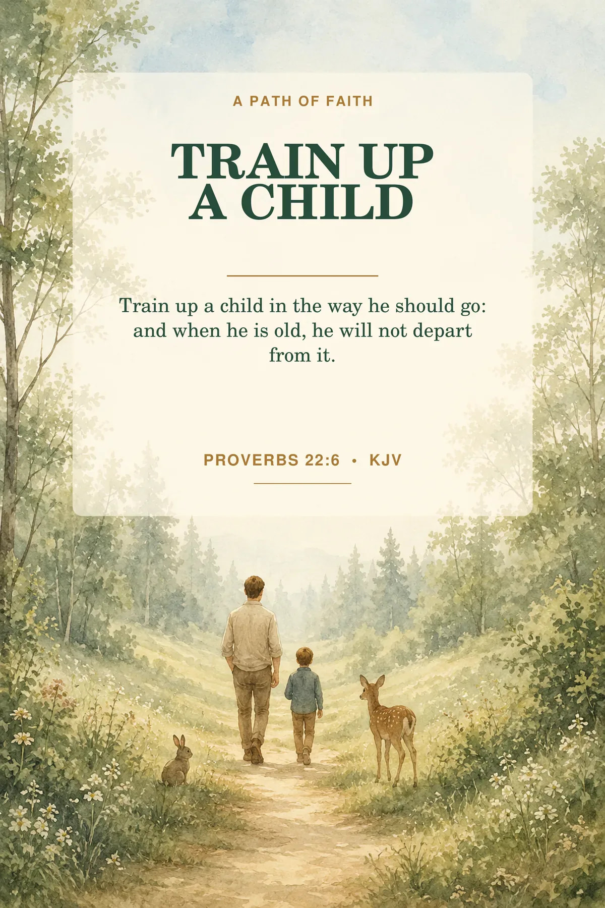 Printable train up a child wall art featuring exact Proverbs 22:6 KJV text in forest green, sky blue, warm tan, cream.