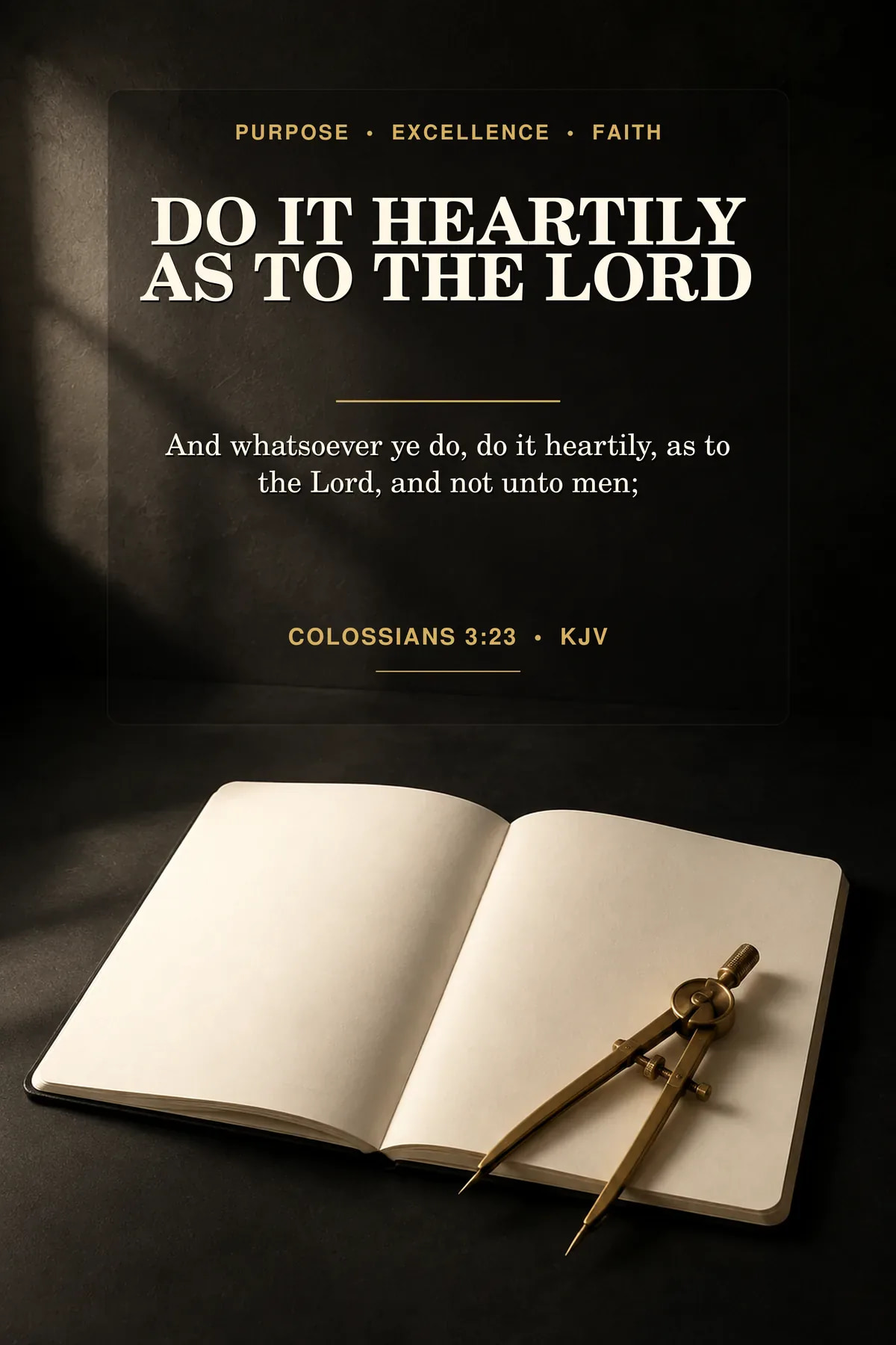 Printable Christian office scripture featuring exact Colossians 3:23 KJV text in matte black, warm cream, brushed gold.