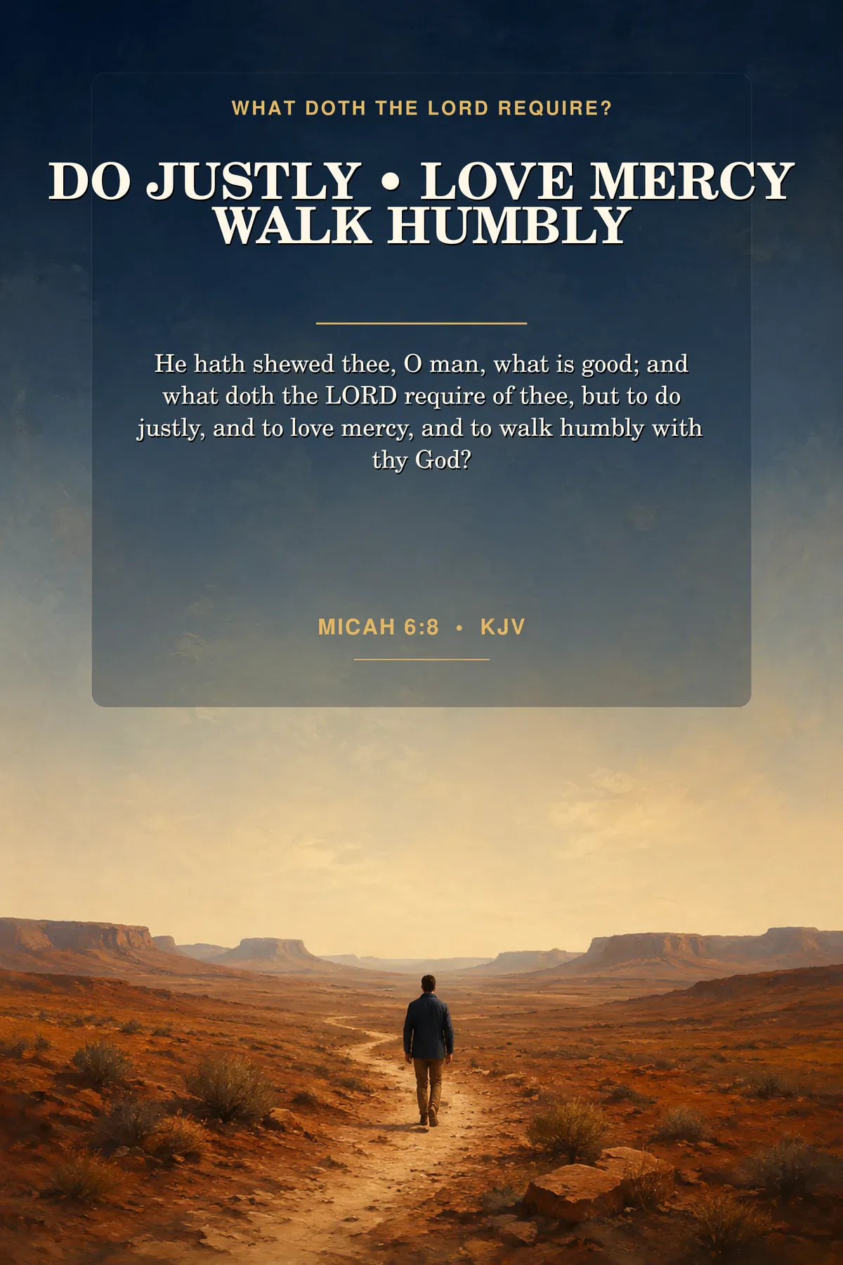 Printable Christian men scripture art featuring exact Micah 6:8 KJV text in rust, sand, deep navy, cream.