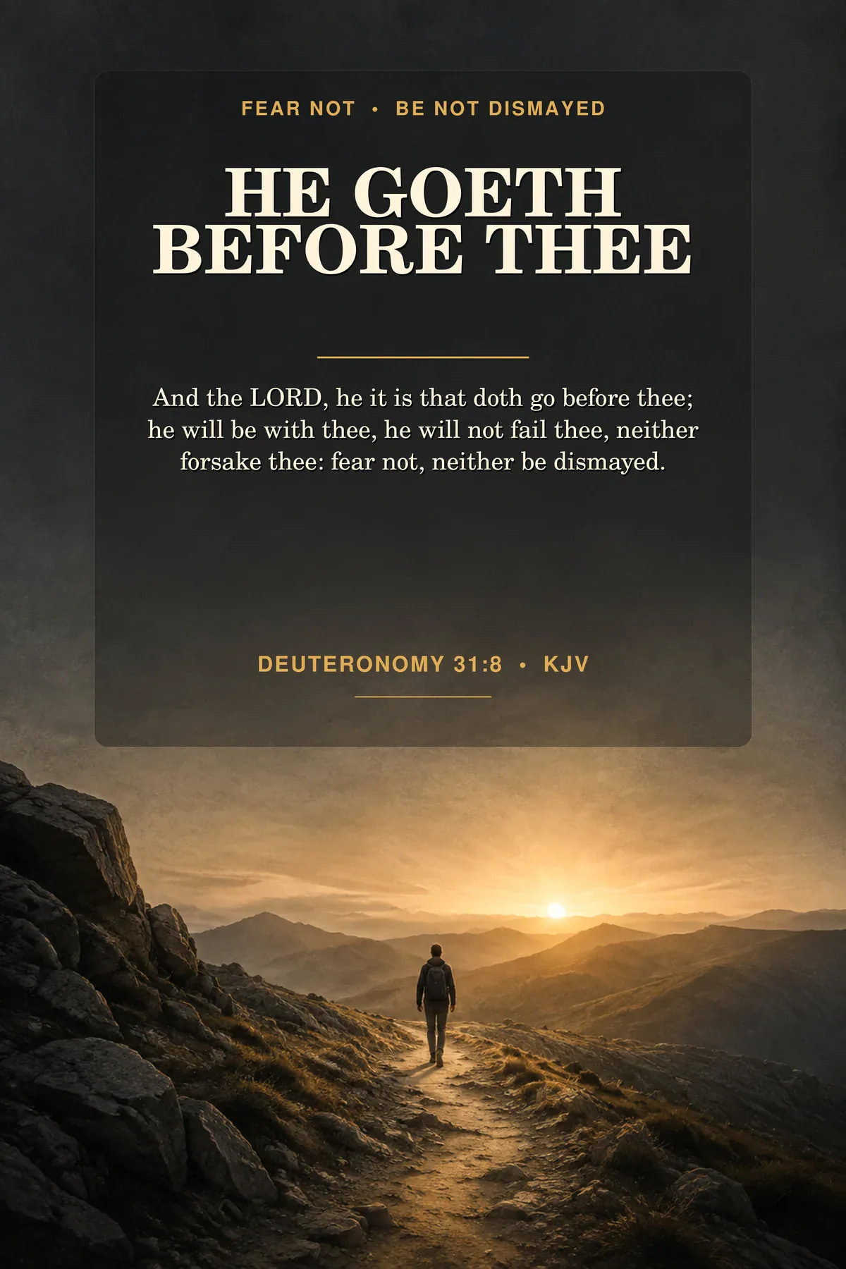 Printable masculine courage wall art featuring exact Deuteronomy 31:8 KJV text in charcoal, stone, sand, sunrise gold.
