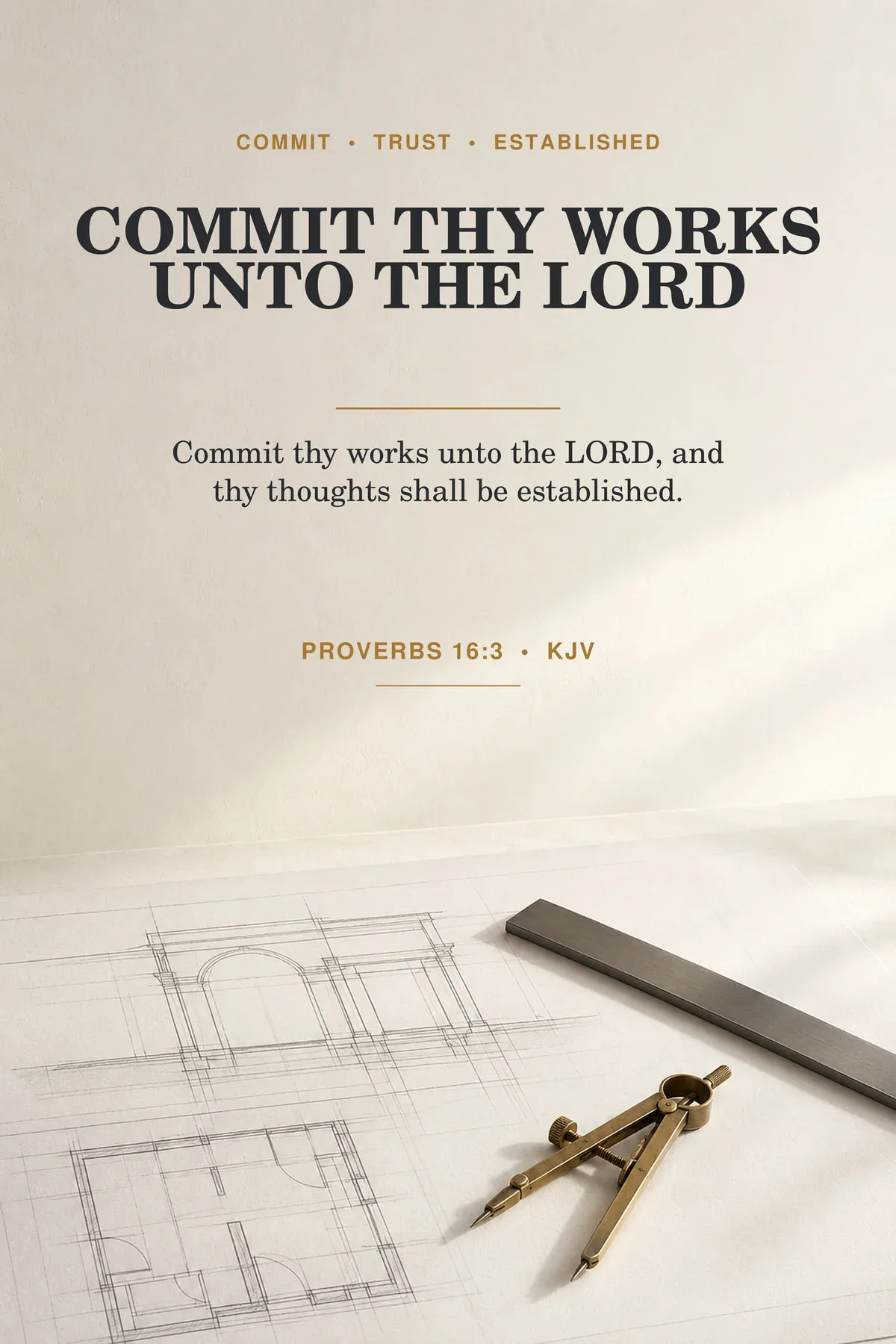 Printable commit thy works wall art featuring exact Proverbs 16:3 KJV text in warm white, graphite, muted brass.