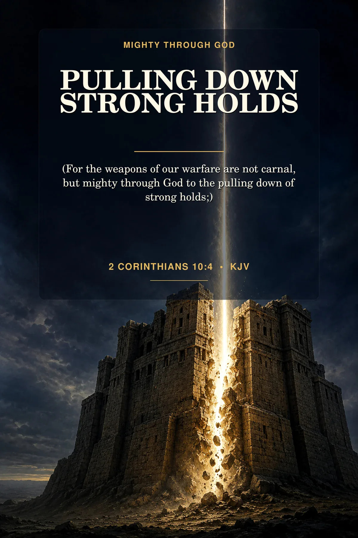 Printable spiritual warfare wall art featuring exact 2 Corinthians 10:4 KJV text in charcoal, cobalt, white fire, gold.