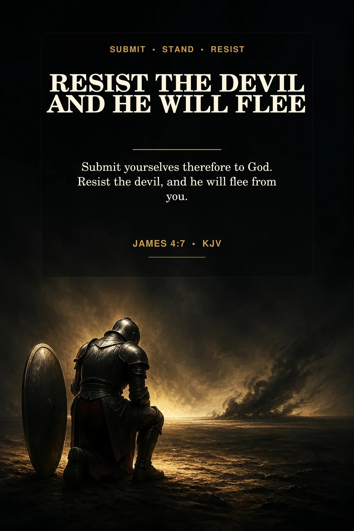 Printable resist the devil scripture featuring exact James 4:7 KJV text in black, burnished gold, restrained crimson.