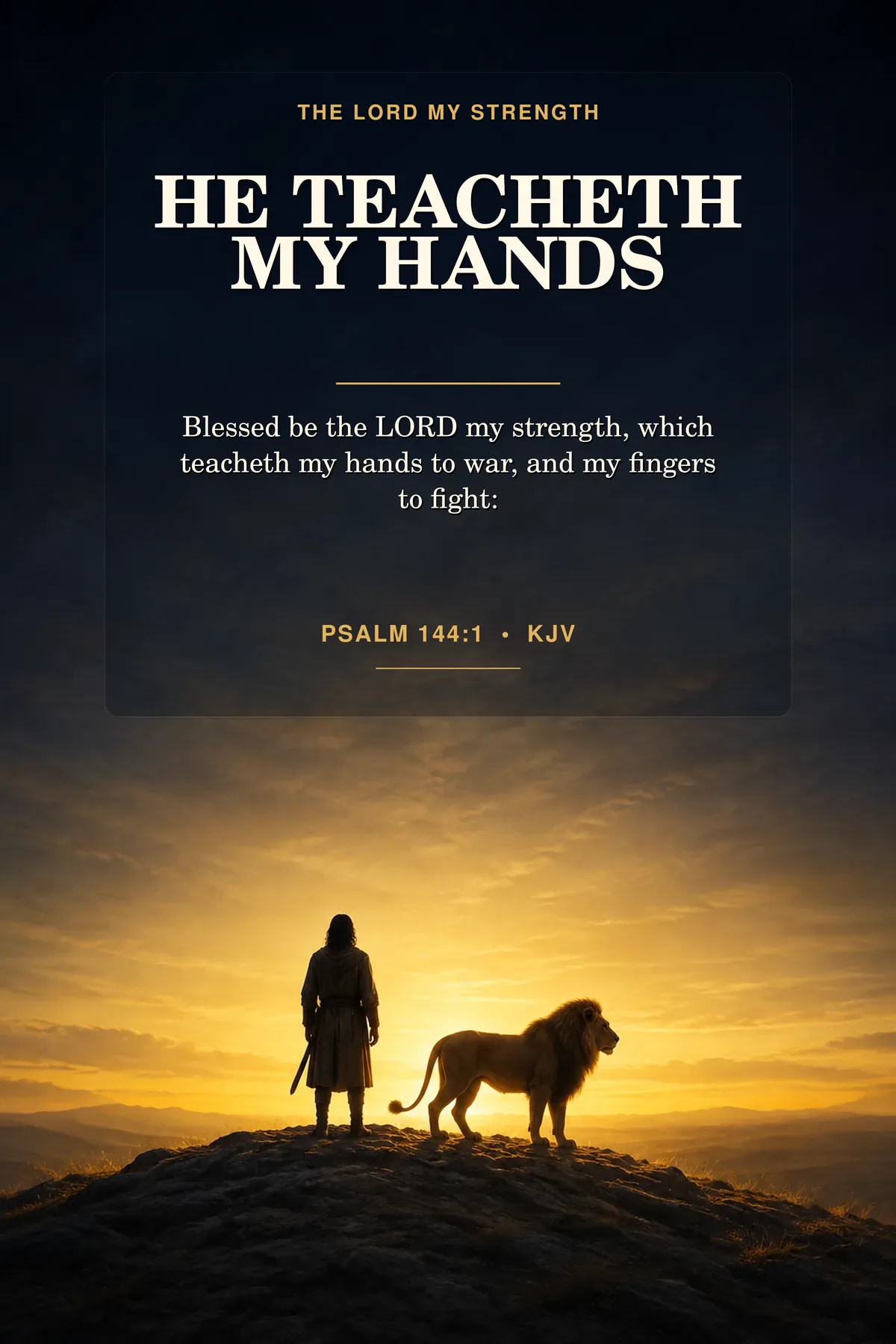 Printable Christian warrior wall art featuring exact Psalm 144:1 KJV text in deep blue, black, radiant gold.