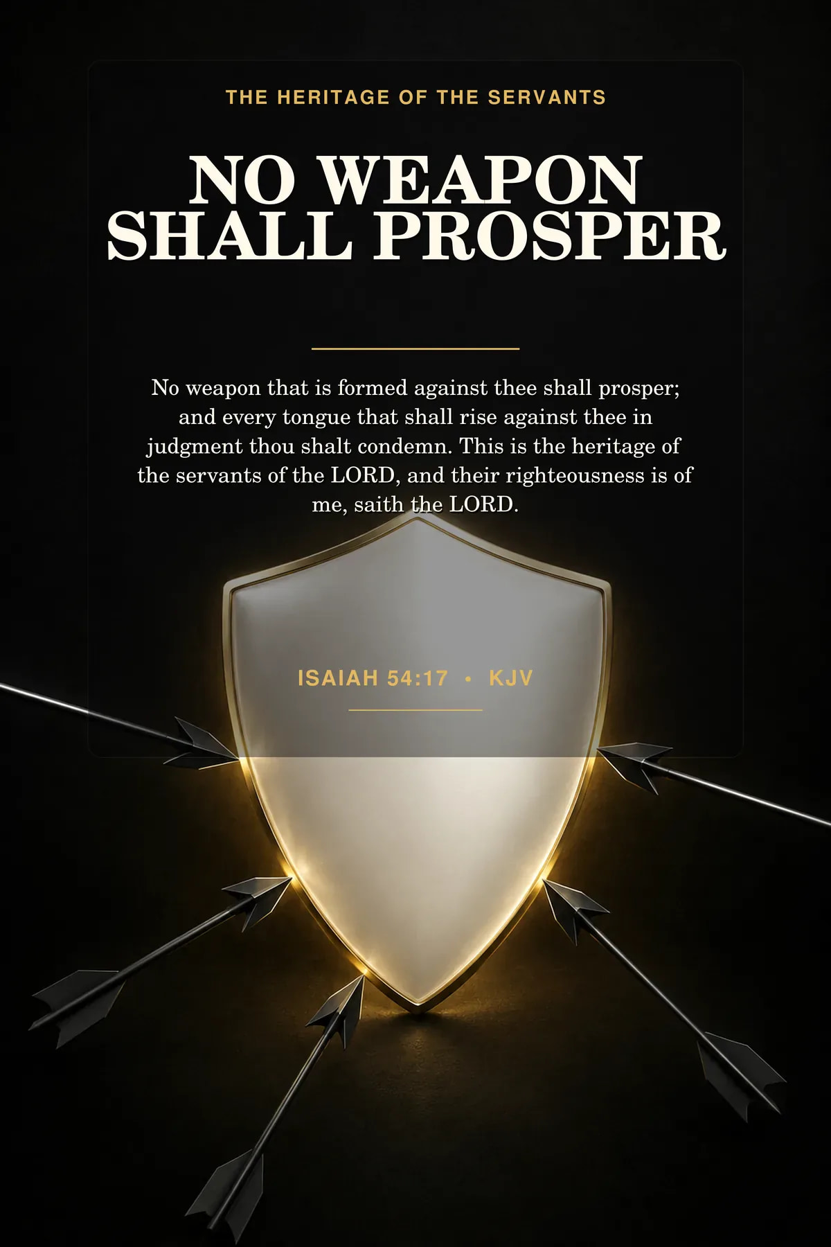 Printable no weapon formed wall art featuring exact Isaiah 54:17 KJV text in black, pearl white, metallic gold.