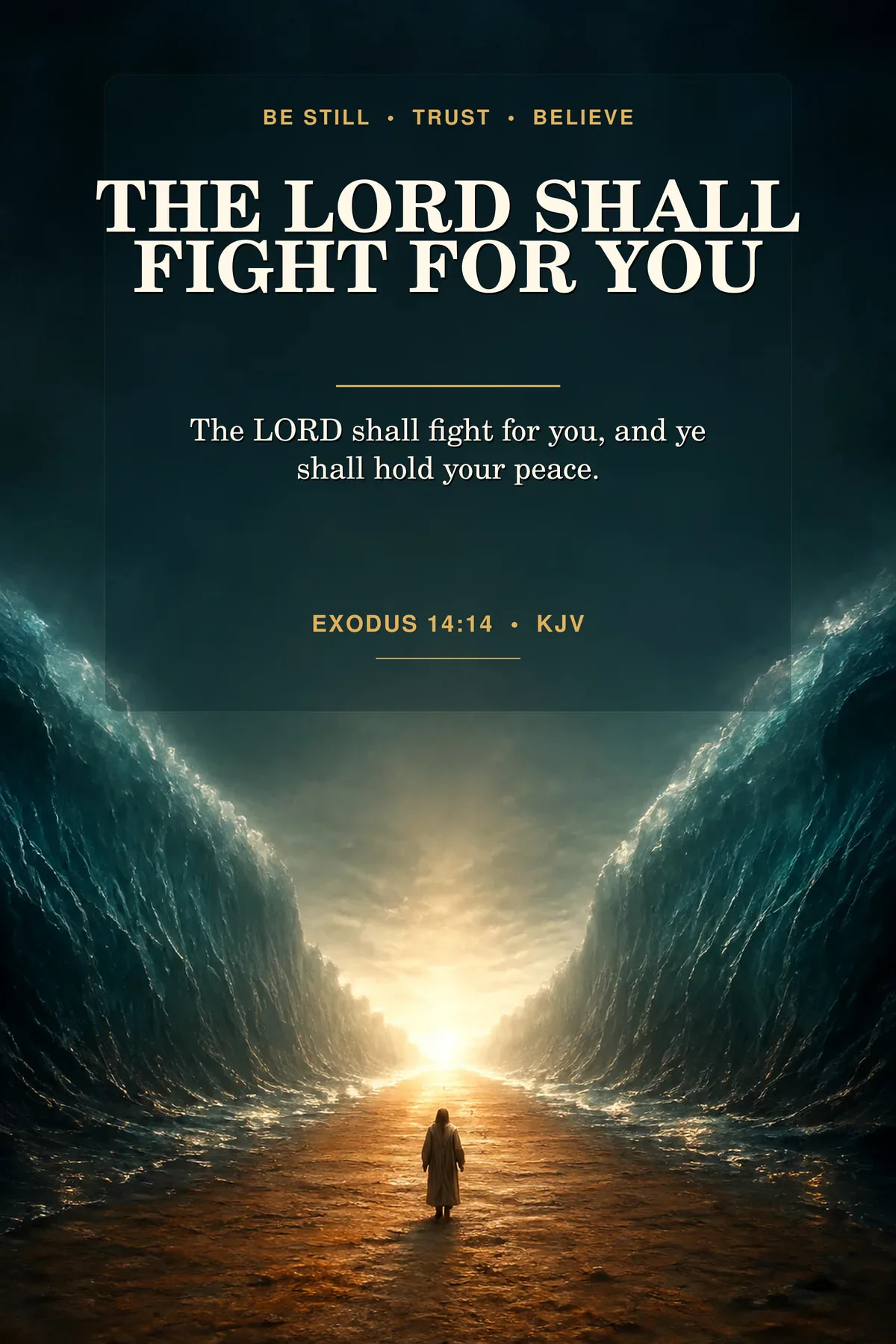 Printable the Lord shall fight art featuring exact Exodus 14:14 KJV text in deep teal, copper, ivory light, gold.
