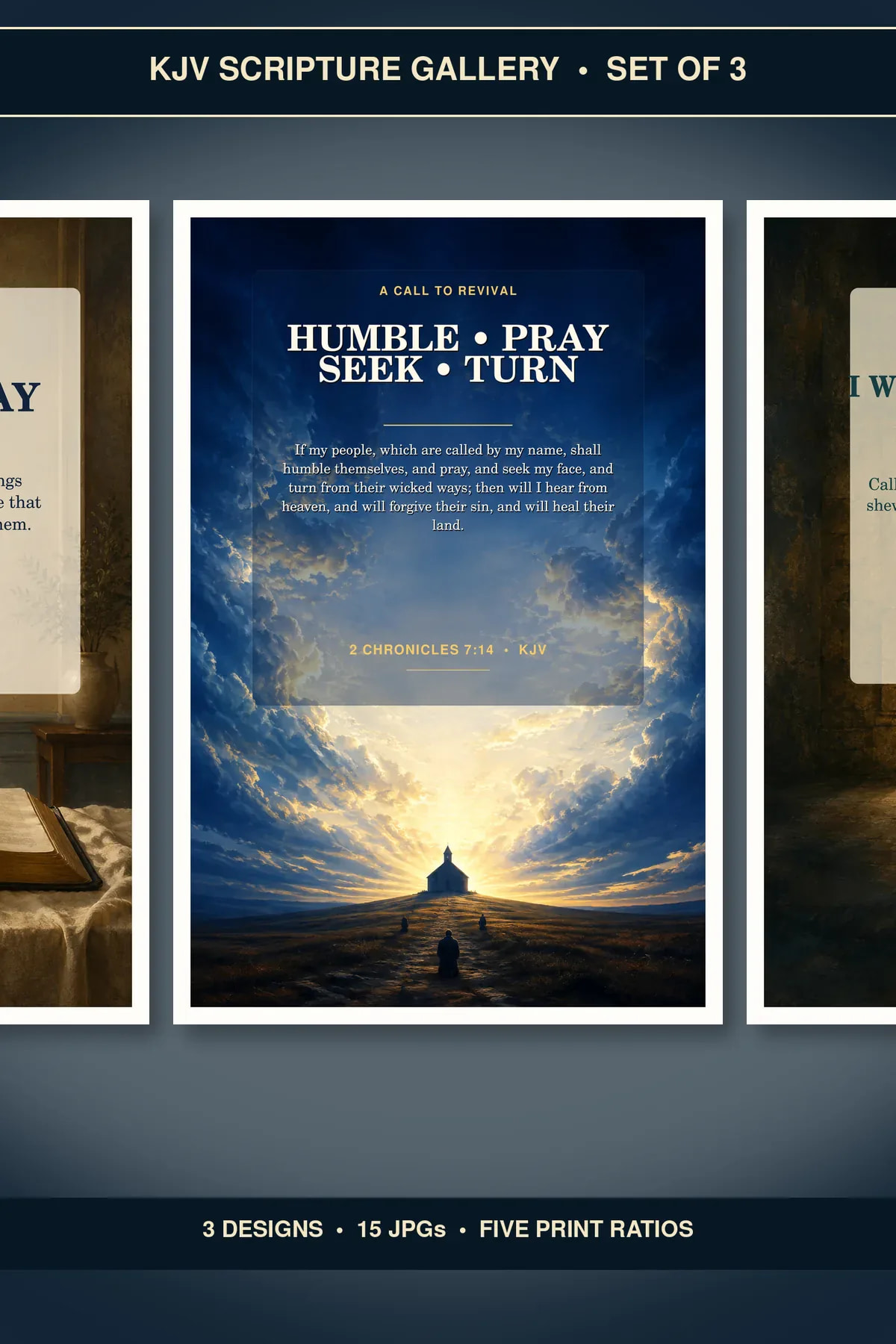 Prayer Room Wall Art Set of 3, KJV Call Upon God Prints showing all 3 included Christian printable designs.