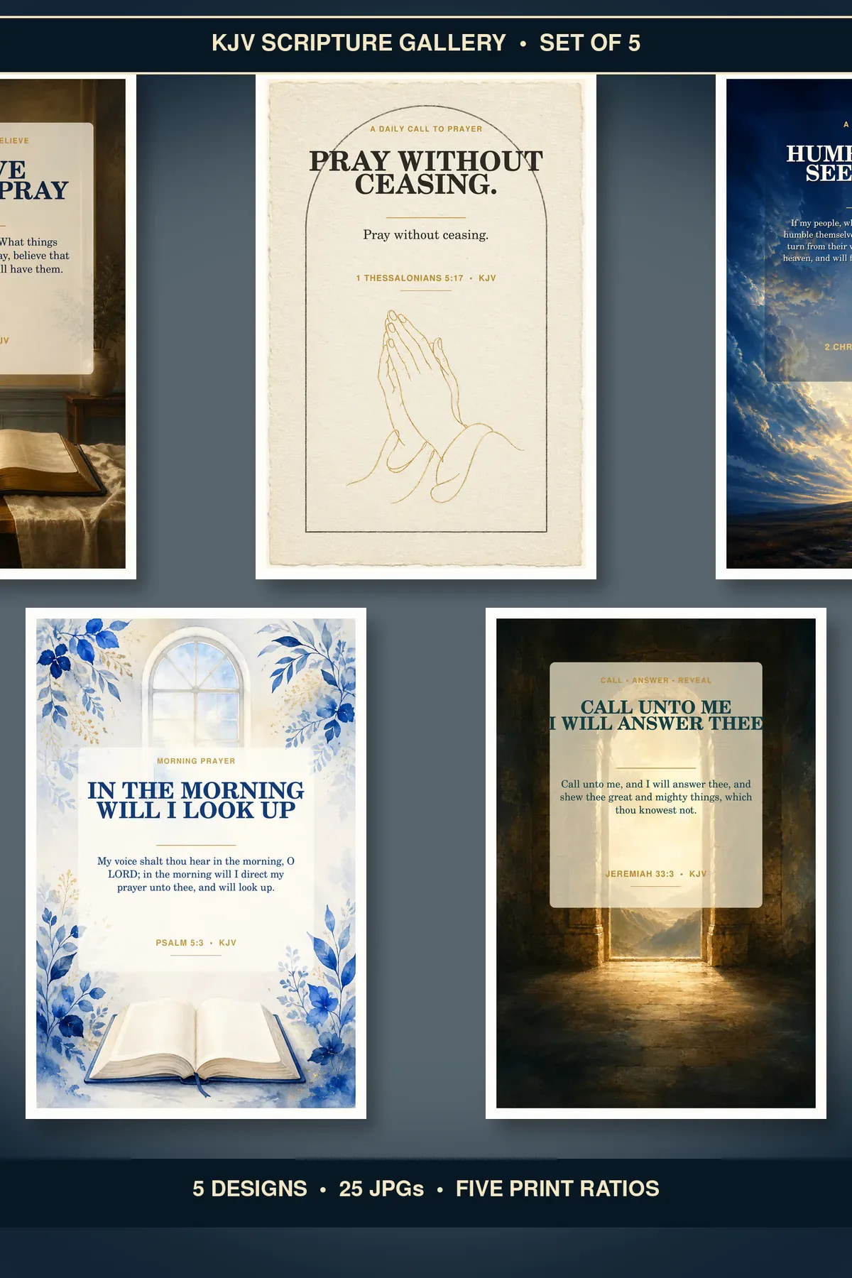 Prayer Room Scripture Wall Art Set of 5, KJV Printable Bundle showing all 5 included Christian printable designs.