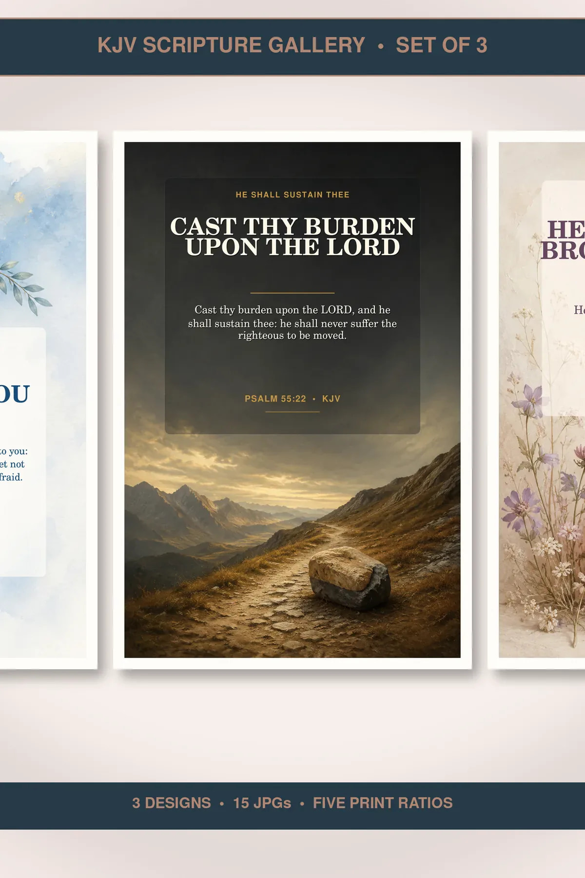 Comfort and Healing Wall Art Set of 3, KJV Scripture Prints showing all 3 included Christian printable designs.